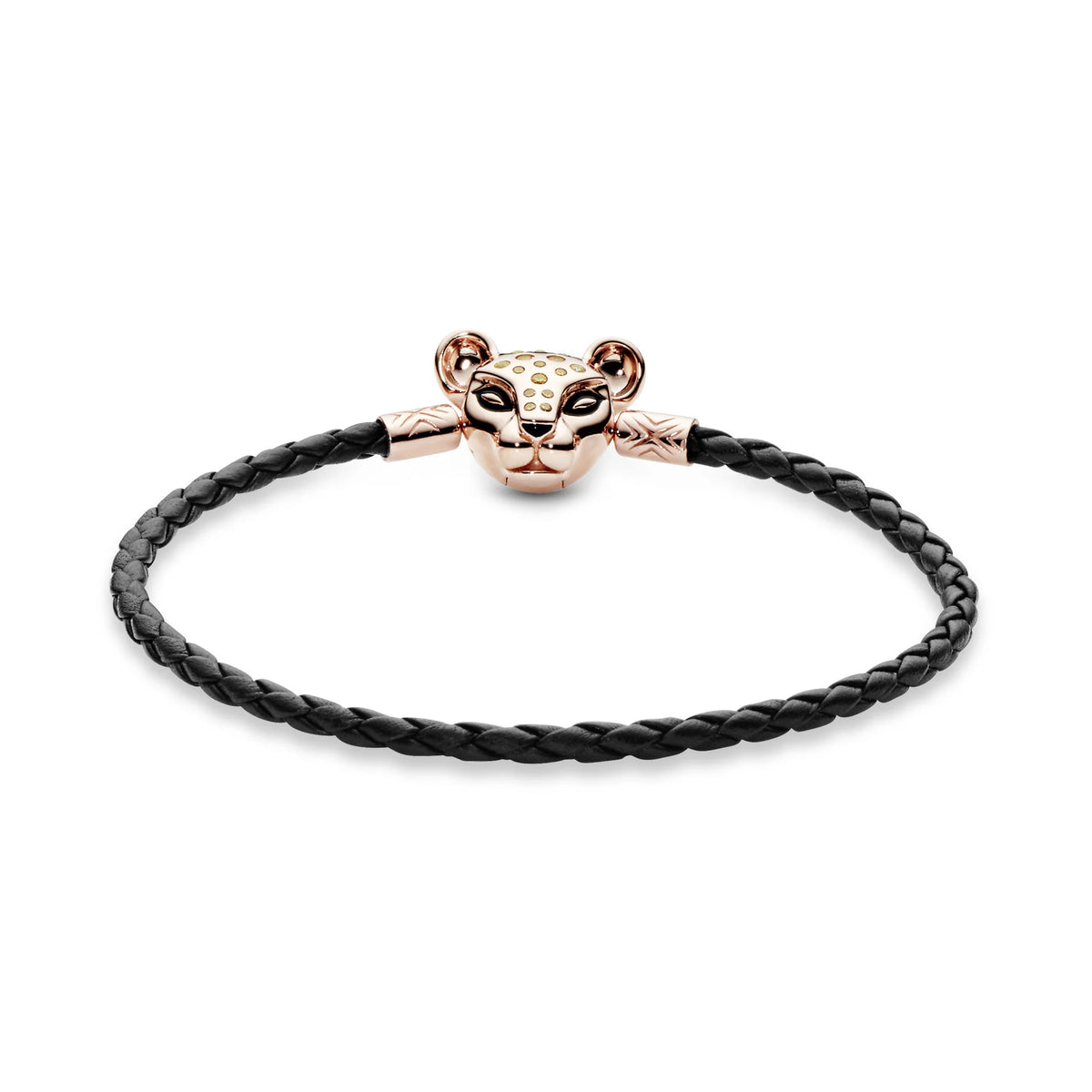 ROSE BLACK LEATHER BRACELET AND LIONESS CLASP WITH HONEY CUBIC ZIRCONIA AND BLACK ENAMEL