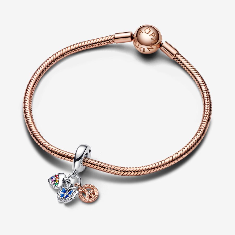 Two-Tone Rainbow Heart, Butterfly & Peace Triple Dangle Charm