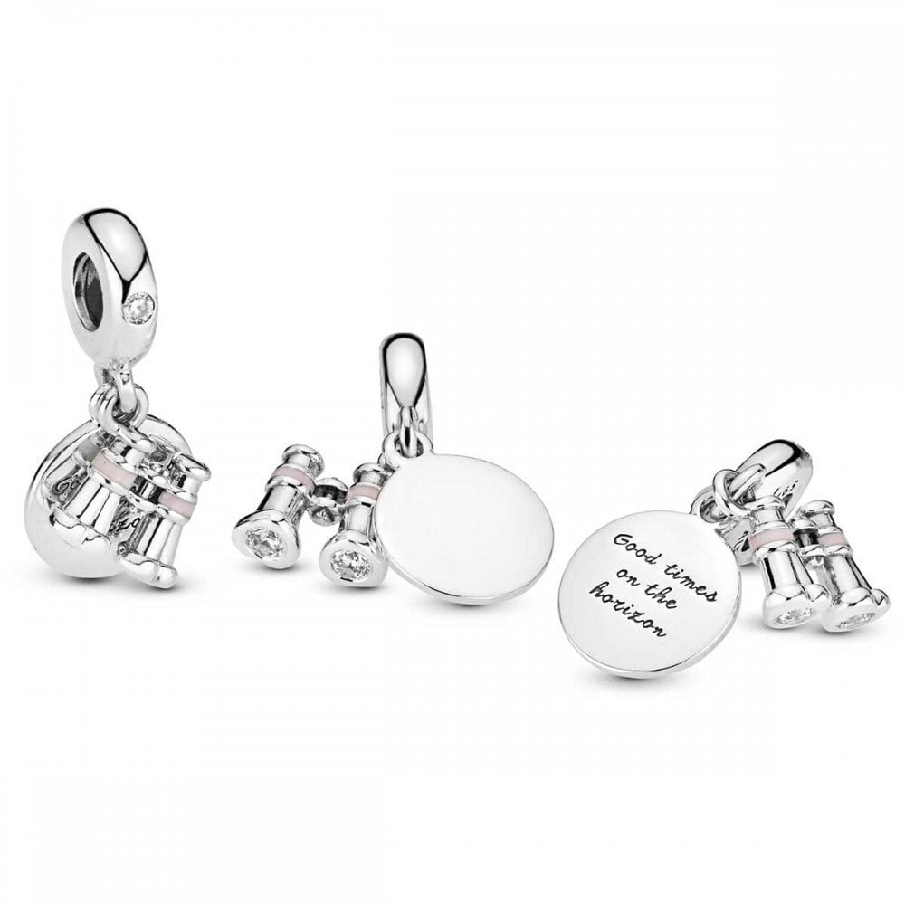 Binoculars silver dangle with clear cubic zirconia and pink enamel