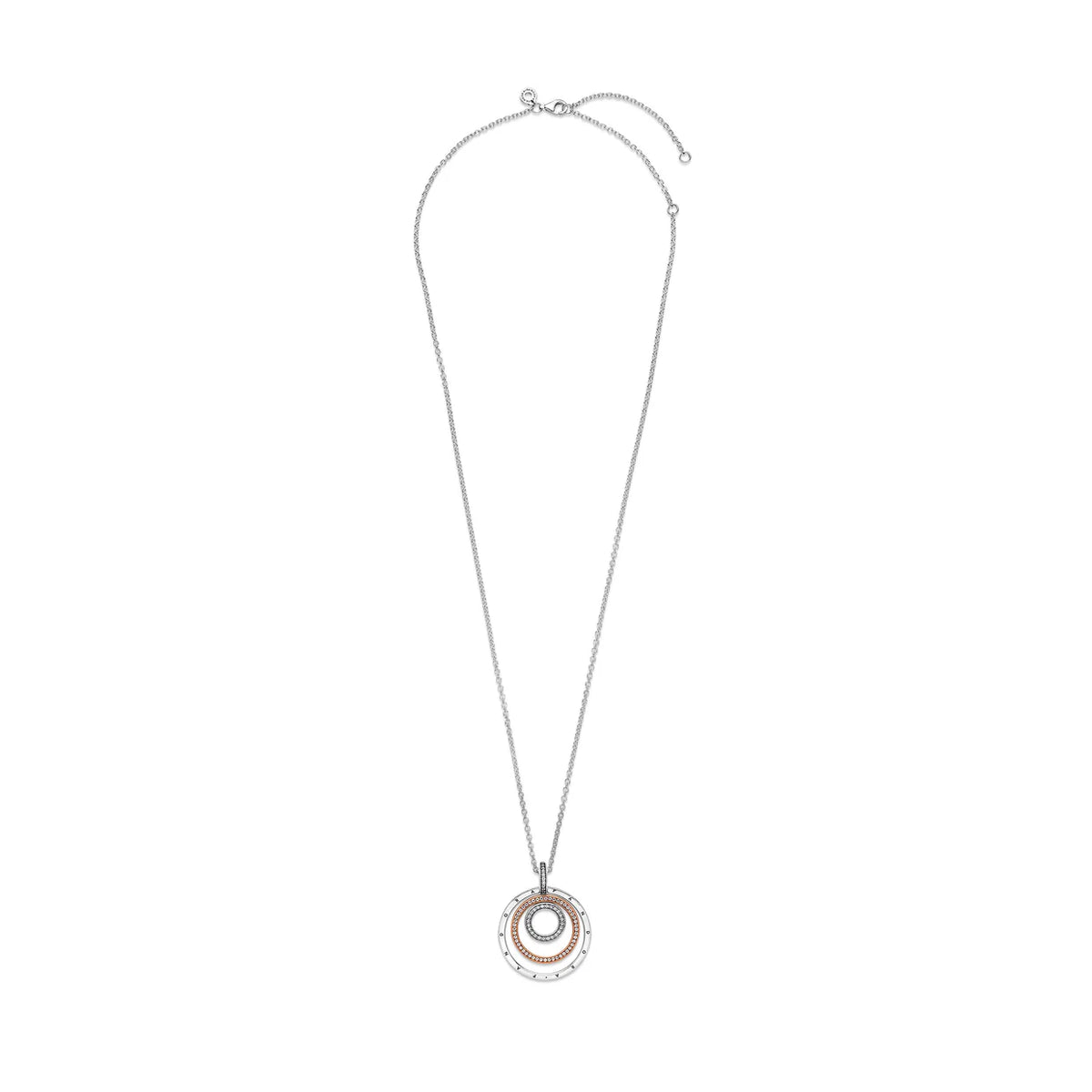 Pandora Logo Interlocking Circles Sterling Silver And 14K Rose Gold-Plated Pendant With Clear Cubic Zirconia And Necklace
