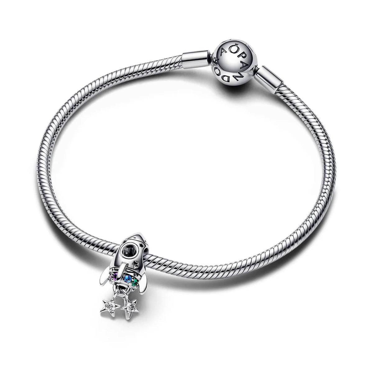 Space Rocket Sterling Silver Charm With Phlox Pink, Royal Purple, Stellar Blue And Royal Green Crystal And Clear Cubic Zirconia