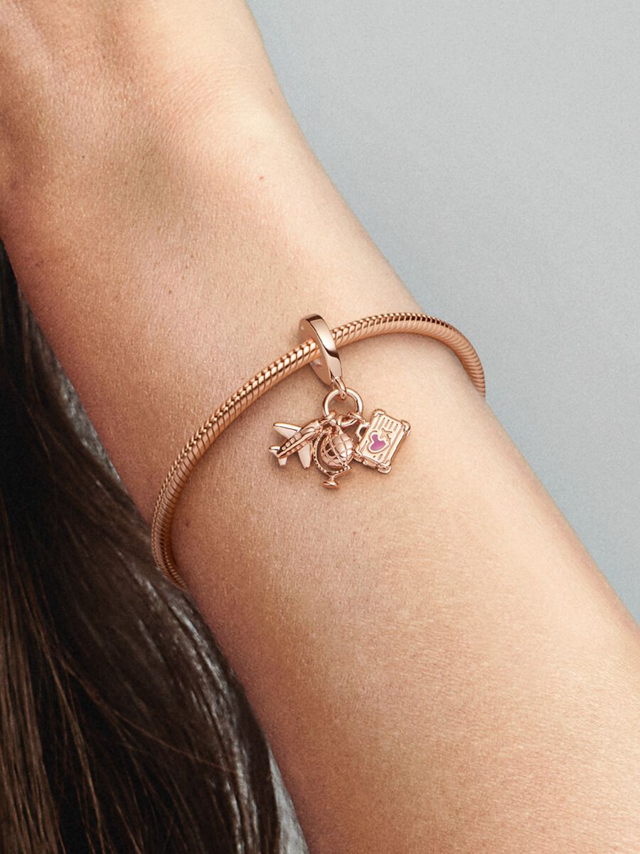 Airplane, Globe & Suitcase Triple Dangle Charm
14k rose gold plating
