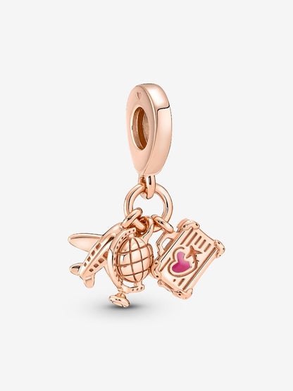 Airplane, Globe & Suitcase Triple Dangle Charm
14k rose gold plating