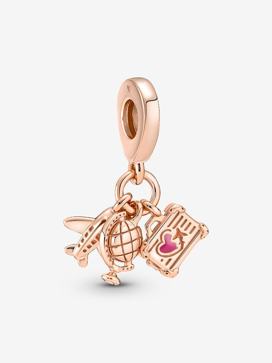 Airplane, Globe & Suitcase Triple Dangle Charm
14k rose gold plating