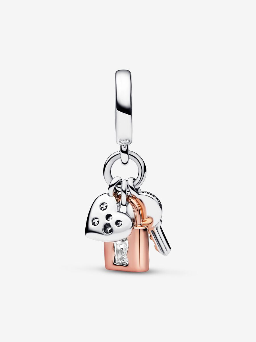 Two-tone Key, Padlock & Heart Triple Dangle Charm