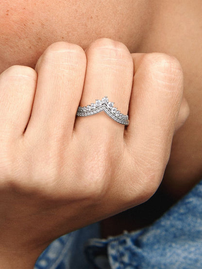 Tiara Wishbone Silver Ring With Clear Cubic Zirconia