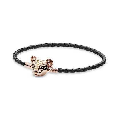 ROSE BLACK LEATHER BRACELET AND LIONESS CLASP WITH HONEY CUBIC ZIRCONIA AND BLACK ENAMEL