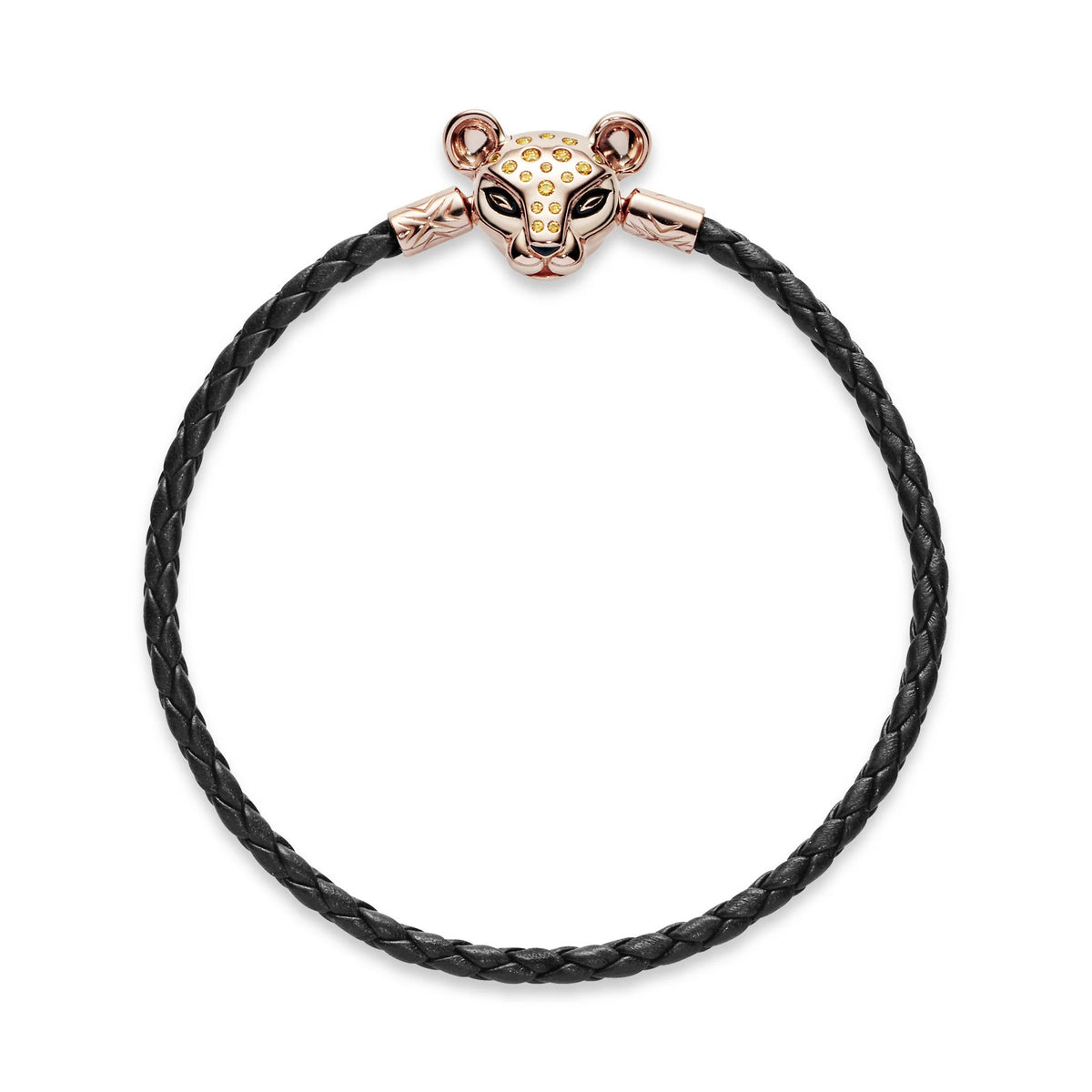 ROSE BLACK LEATHER BRACELET AND LIONESS CLASP WITH HONEY CUBIC ZIRCONIA AND BLACK ENAMEL