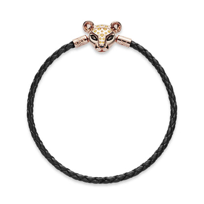 ROSE BLACK LEATHER BRACELET AND LIONESS CLASP WITH HONEY CUBIC ZIRCONIA AND BLACK ENAMEL