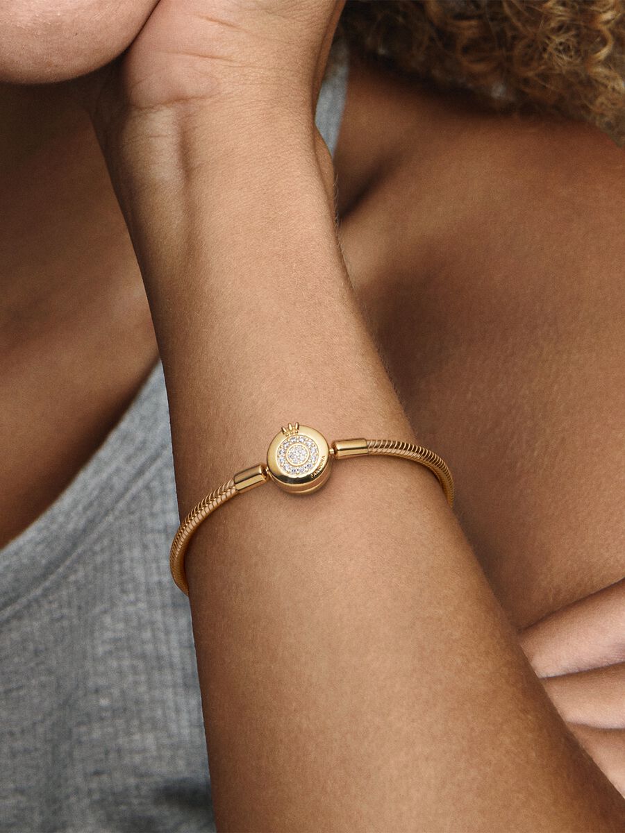 Snake Chain 14K Gold-Plated Bracelet And Crown O Clasp With Clear Cubic Zirconia