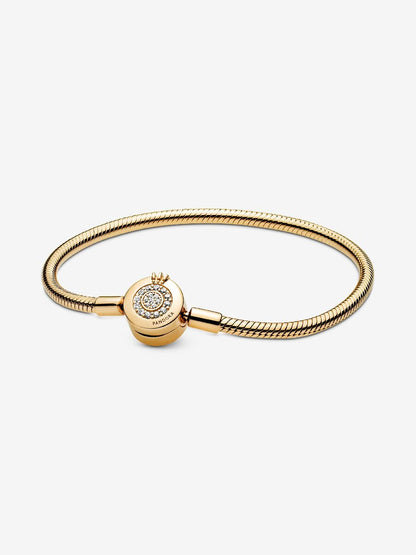 Snake Chain 14K Gold-Plated Bracelet And Crown O Clasp With Clear Cubic Zirconia