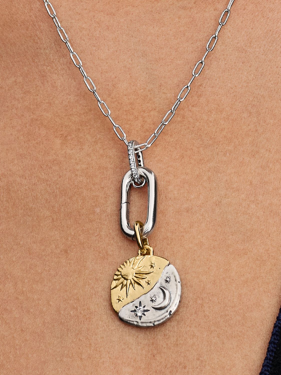 Sun and Moon Medallion Charm
Sterling silver, 14k gold plating