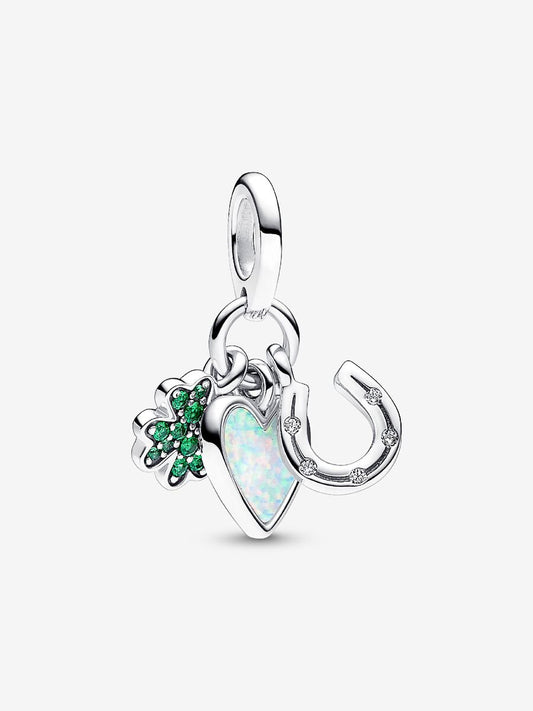 Four Leaf Clover, Heart and Horseshoe Triple Dangle Charm