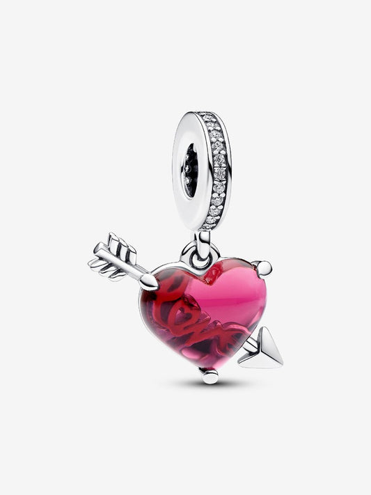 Red Heart & Arrow Murano Glass Dangle Charm