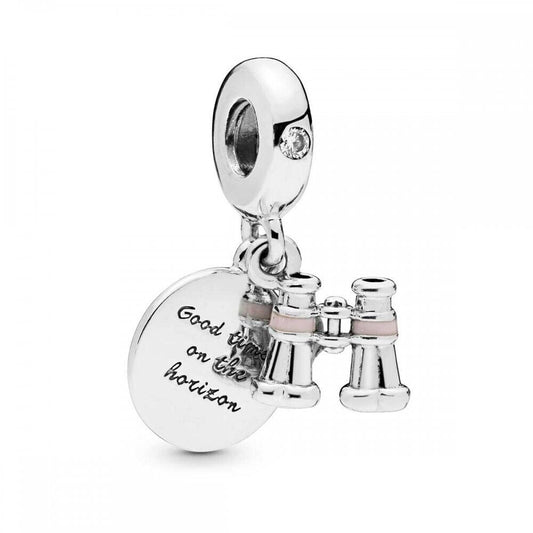 Binoculars silver dangle with clear cubic zirconia and pink enamel