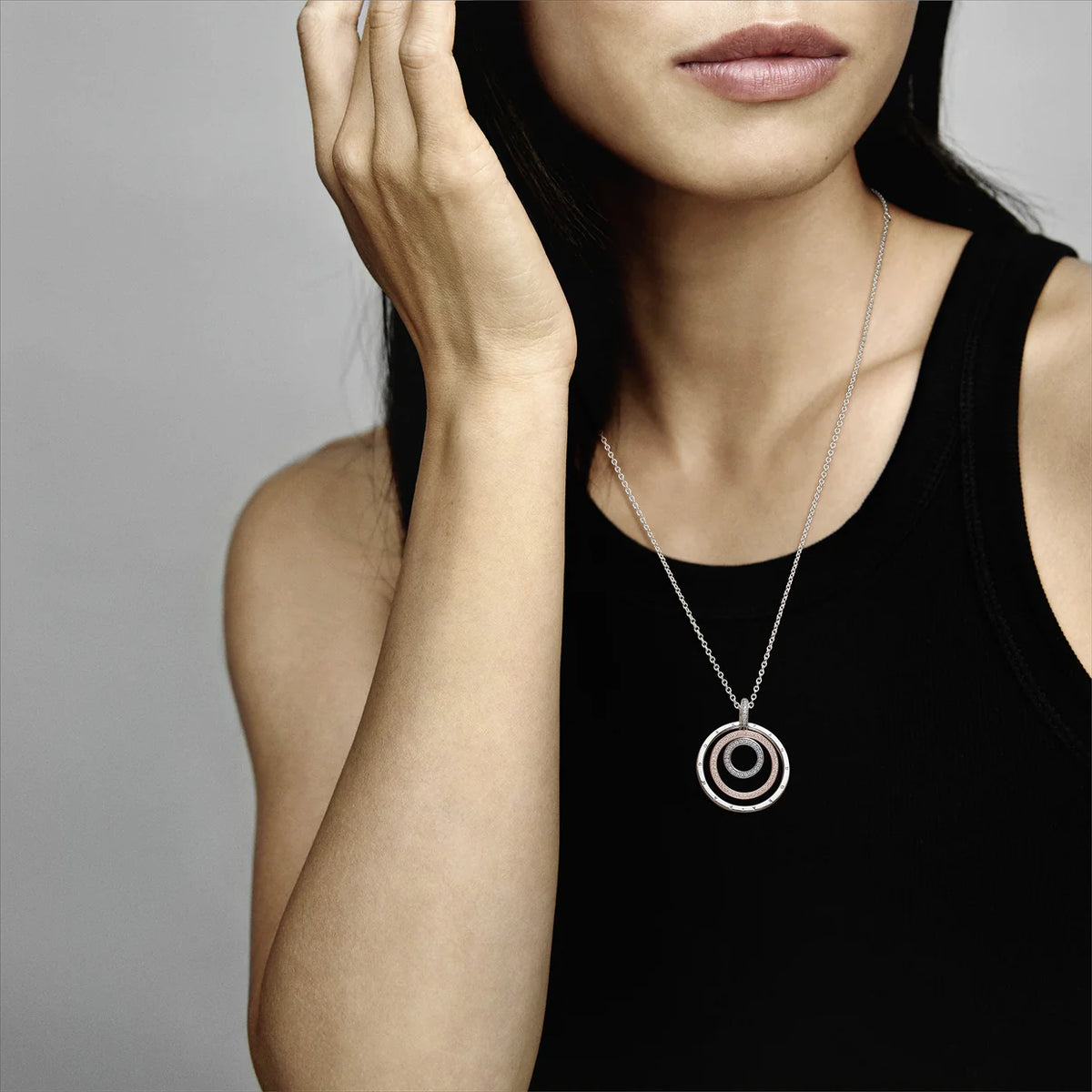 Pandora Logo Interlocking Circles Sterling Silver And 14K Rose Gold-Plated Pendant With Clear Cubic Zirconia And Necklace