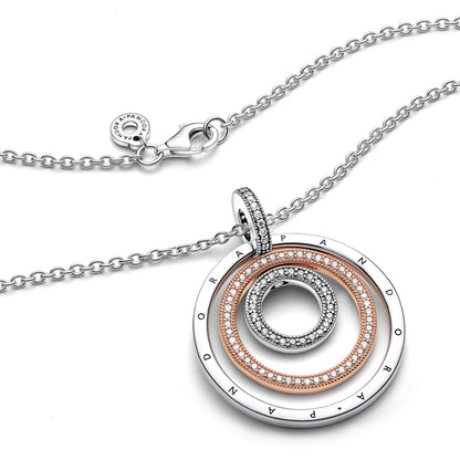 Pandora Logo Interlocking Circles Sterling Silver And 14K Rose Gold-Plated Pendant With Clear Cubic Zirconia And Necklace