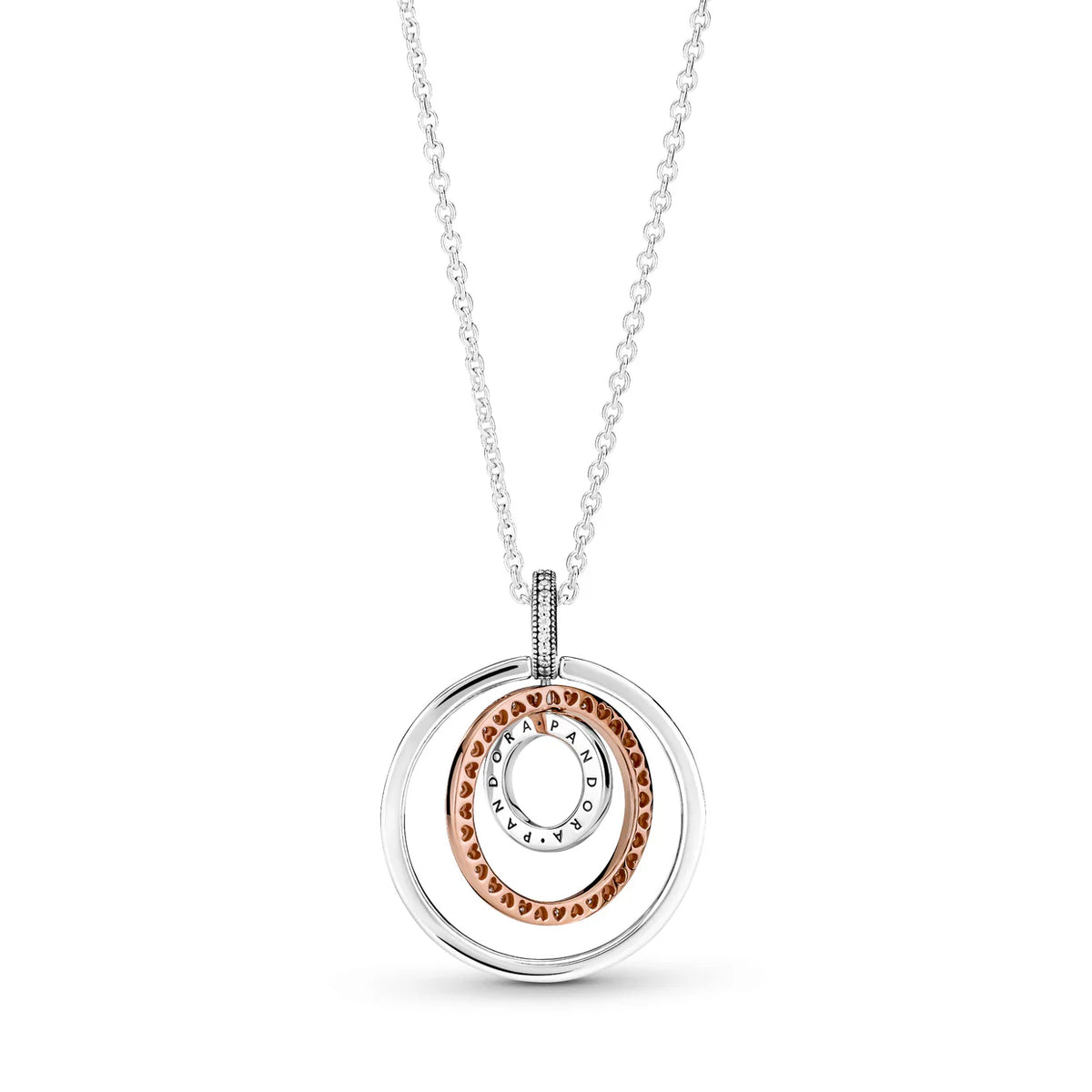 Pandora Logo Interlocking Circles Sterling Silver And 14K Rose Gold-Plated Pendant With Clear Cubic Zirconia And Necklace