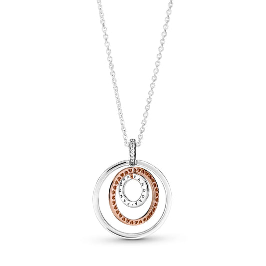 Pandora Logo Interlocking Circles Sterling Silver And 14K Rose Gold-Plated Pendant With Clear Cubic Zirconia And Necklace