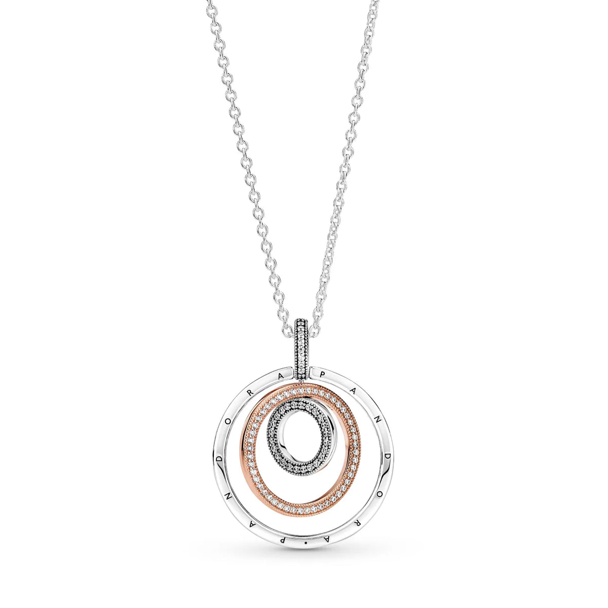 Pandora Logo Interlocking Circles Sterling Silver And 14K Rose Gold-Plated Pendant With Clear Cubic Zirconia And Necklace