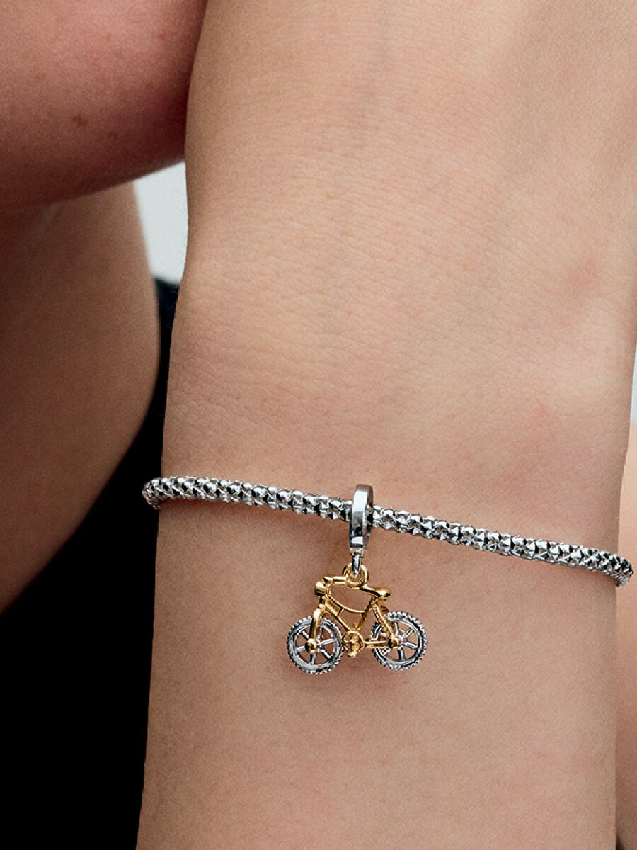 Two-tone Spinning Wheels Bicycle Dangle Charm
Sterling silver, 14k gold plating