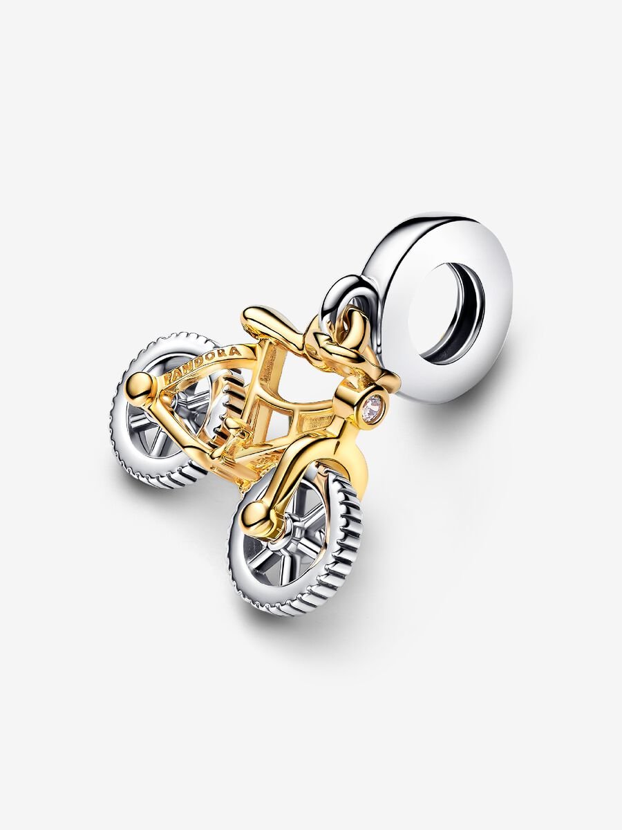 Two-tone Spinning Wheels Bicycle Dangle Charm
Sterling silver, 14k gold plating