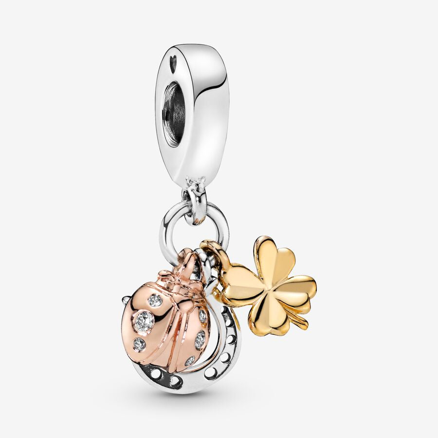 Horseshoe, clover and ladybird in silver, 14k gold-plated and 14k rose gold-plated dangle with clear cubic zirconia