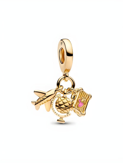 LIMITED EDITION Airplane, Globe & Suitcase Triple Dangle Charm