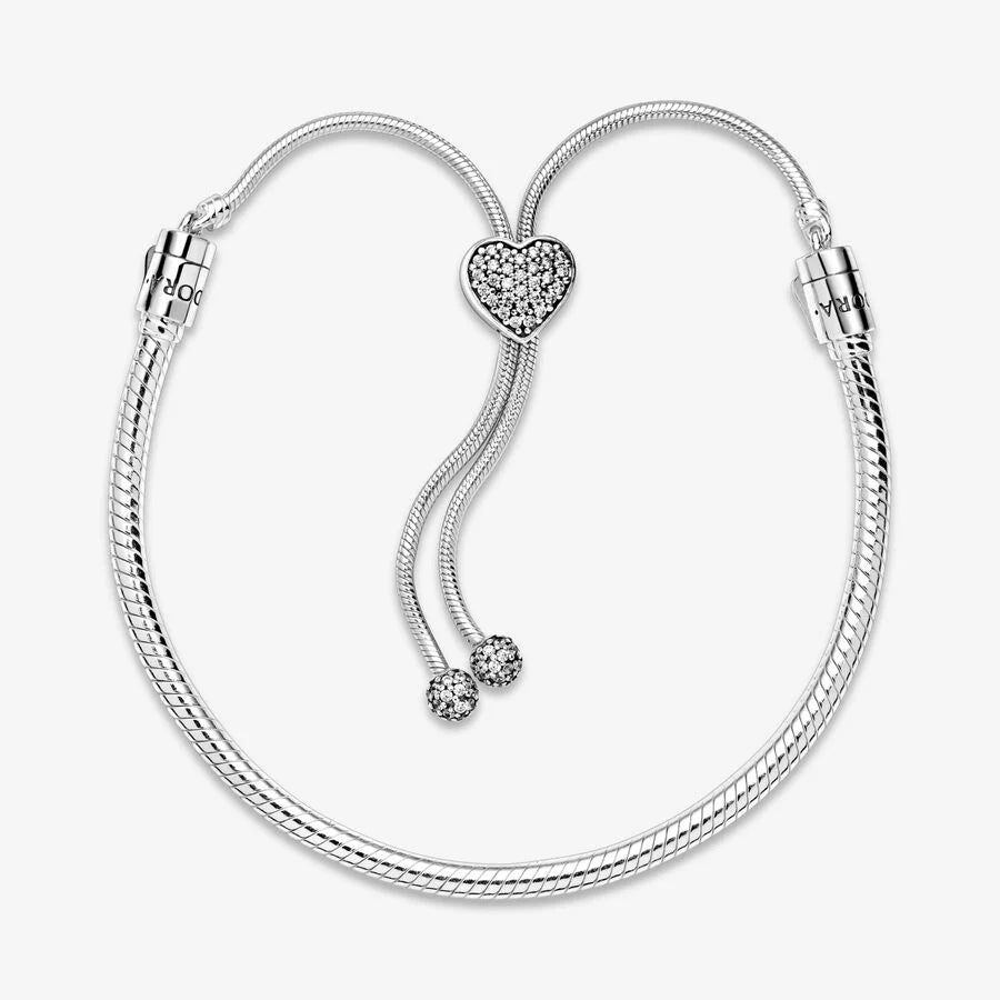 Pavé Heart Clasp Snake Chain Slider Bracelet
