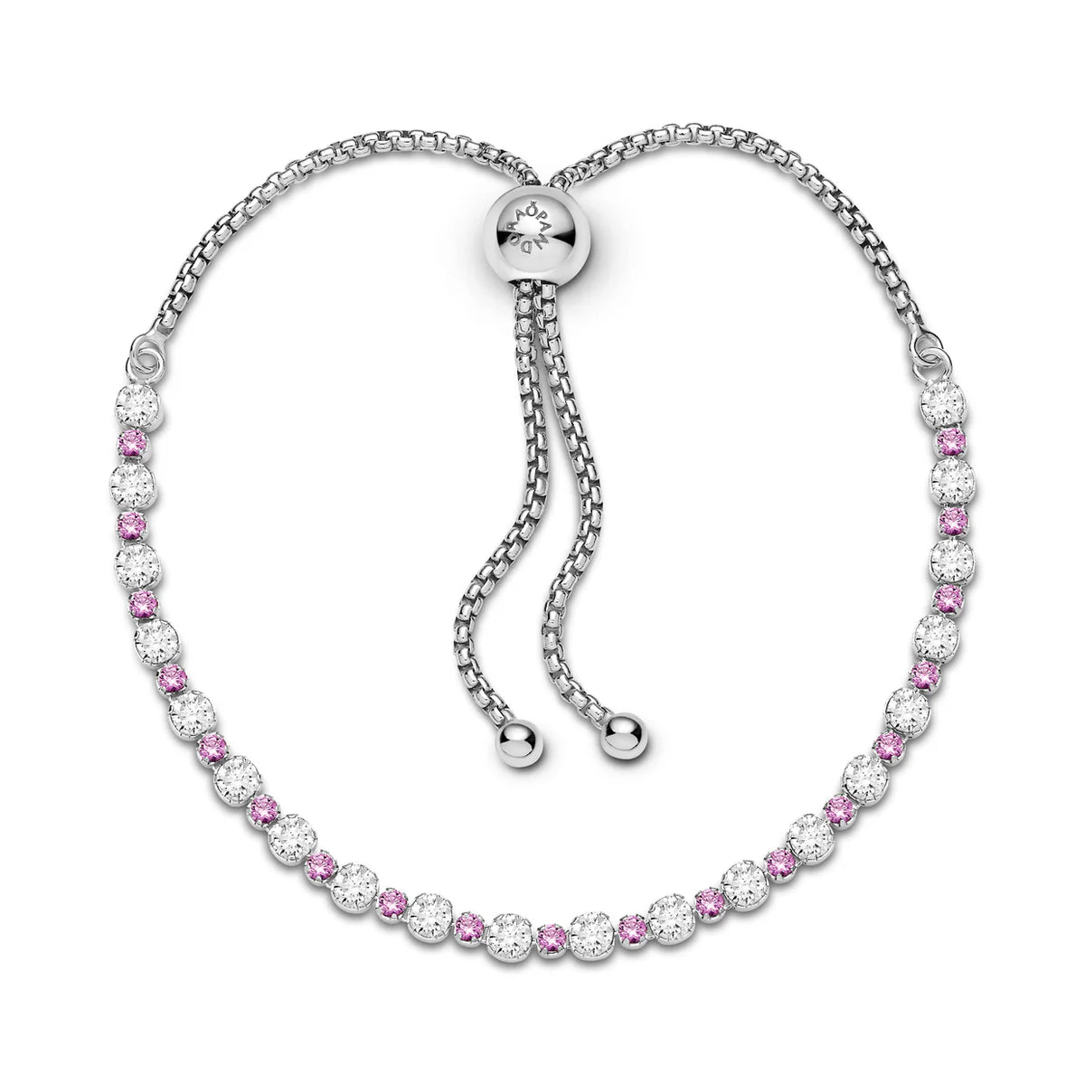 Rhodium plated sterling silver slider bracelet with clear cubic zirconia and synthetic pink sapphire
