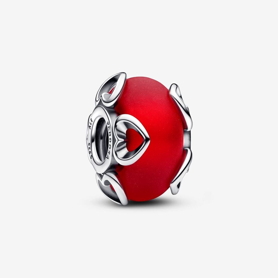Frosted Red Murano Glass & Hearts Charm