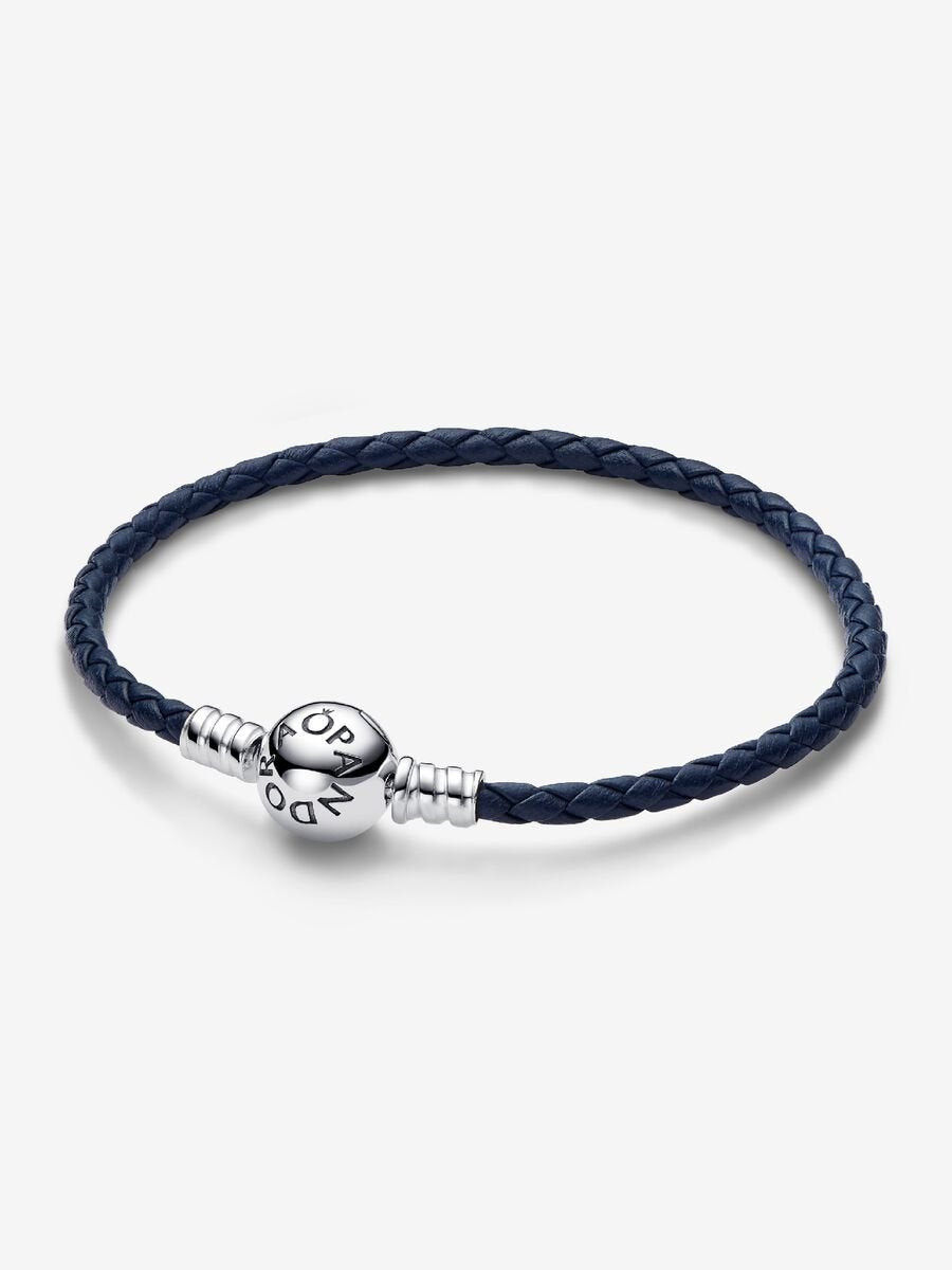 Round Clasp Blue Braided Leather Bracelet