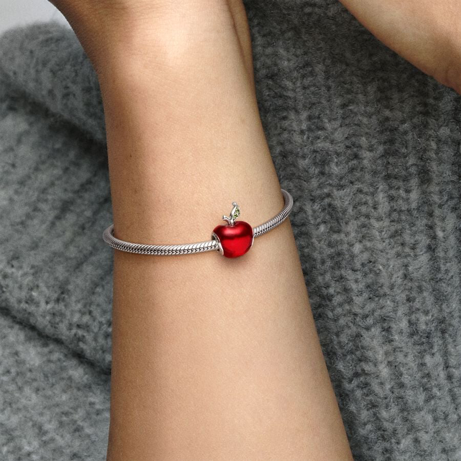 Disney Snow White apple silver charm with red enamel and dark green cubic zirconia