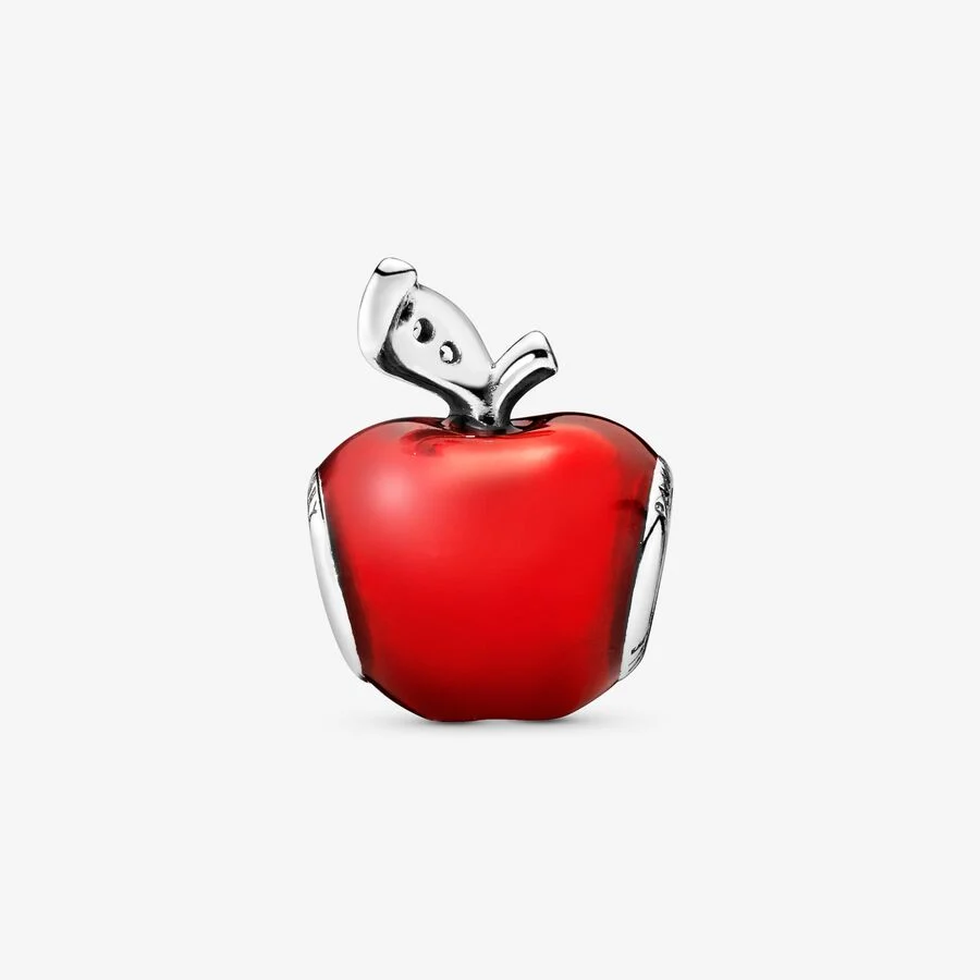 Disney Snow White apple silver charm with red enamel and dark green cubic zirconia