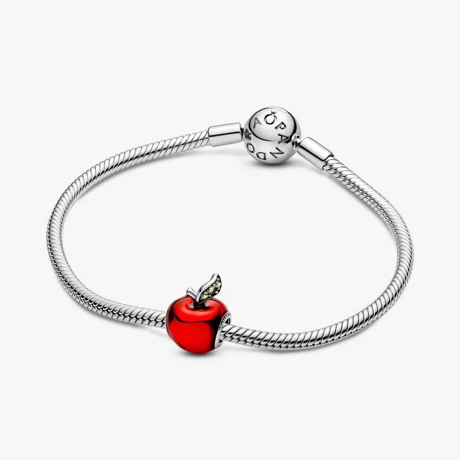 Disney Snow White apple silver charm with red enamel and dark green cubic zirconia