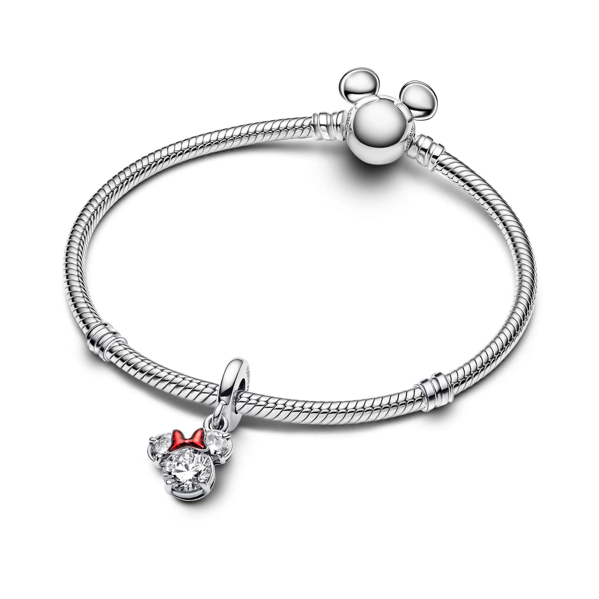 Disney Minnie Mouse Sterling Silver Dangle With Clear Cubic Zirconia And Holo Glittery Red Enamel