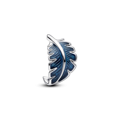 Feather Sterling Silver Charm With Transparent Blue Enamel