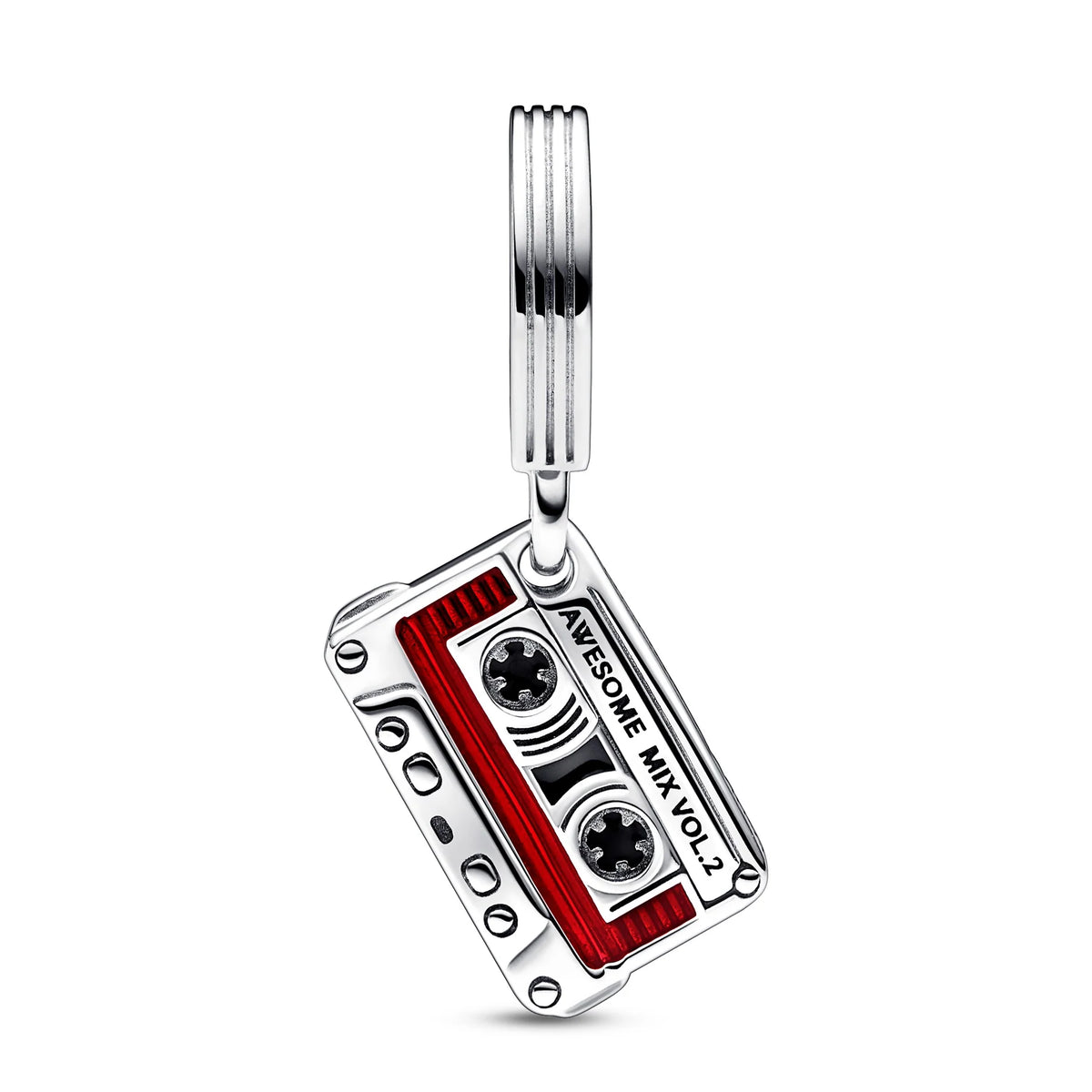 Marvel Cassette Tape Sterling Silver Dangle With Black And Transparent Red Enamel