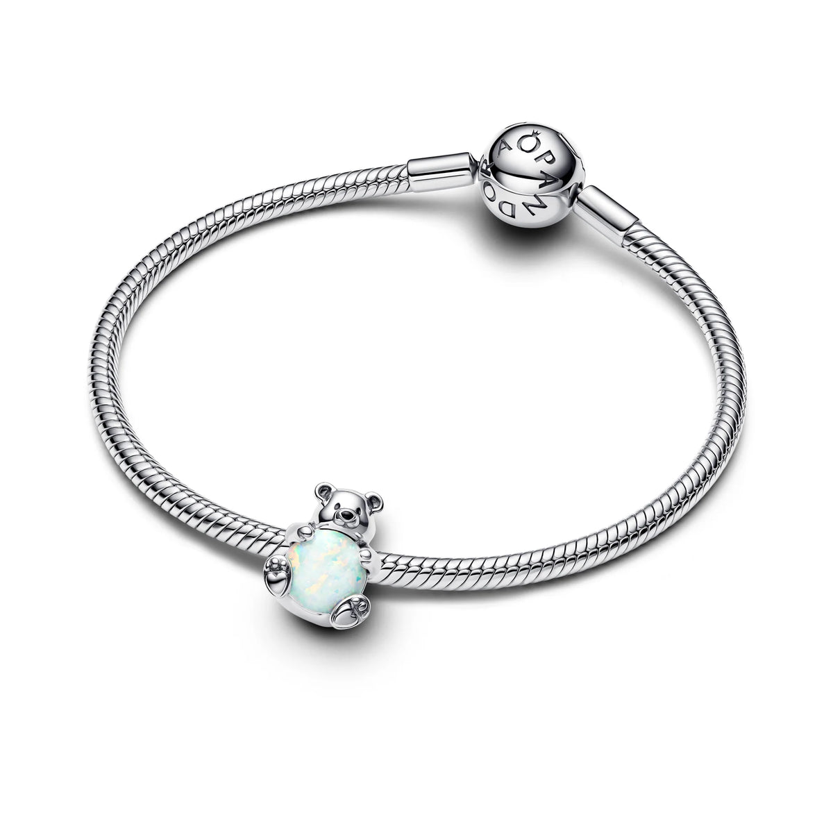 Polar Bear Sterling Silver Charm With White Lab-Created Opal And Black Enamel