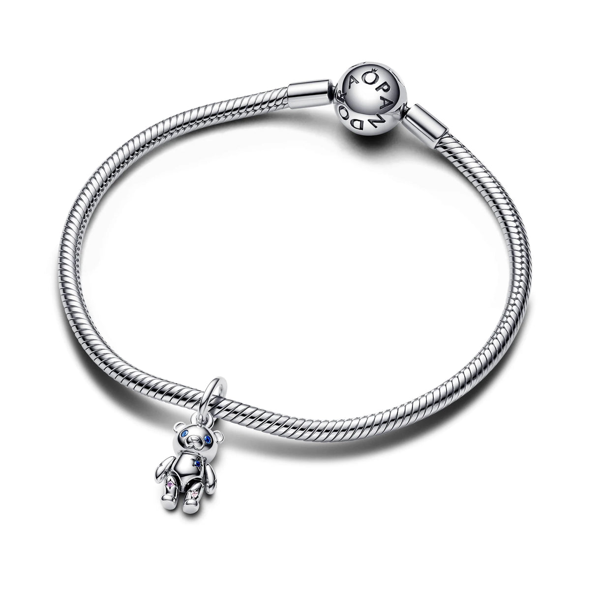 Teddy Bear Sterling Silver Dangle With Fancy Fairy Tale Pink Cubic Zirconia, Royal Purple And Stellar Blue Crystal